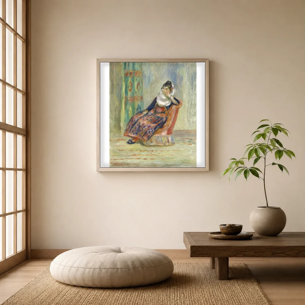 Framed print of The Algerian Woman hanging on a wall in a furnished room