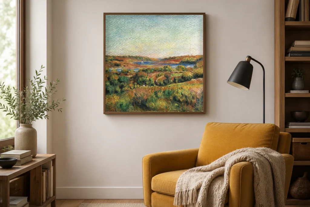 Framed print of The Mouth of the Aven at Pont-Aven hanging on a wall in a furnished room