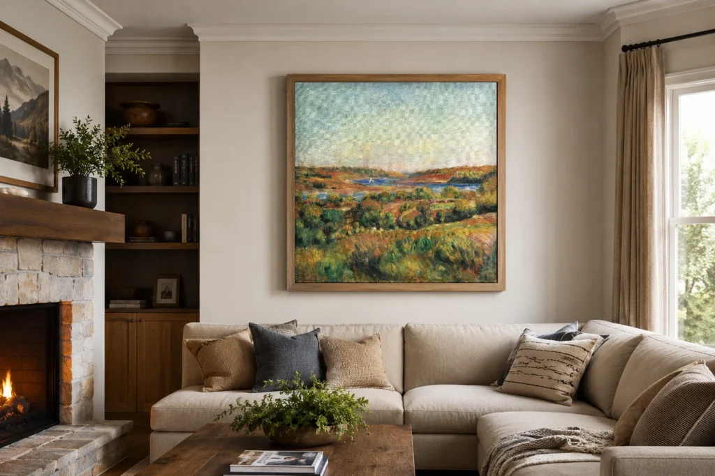 Framed print of The Mouth of the Aven at Pont-Aven hanging on a wall in a furnished room