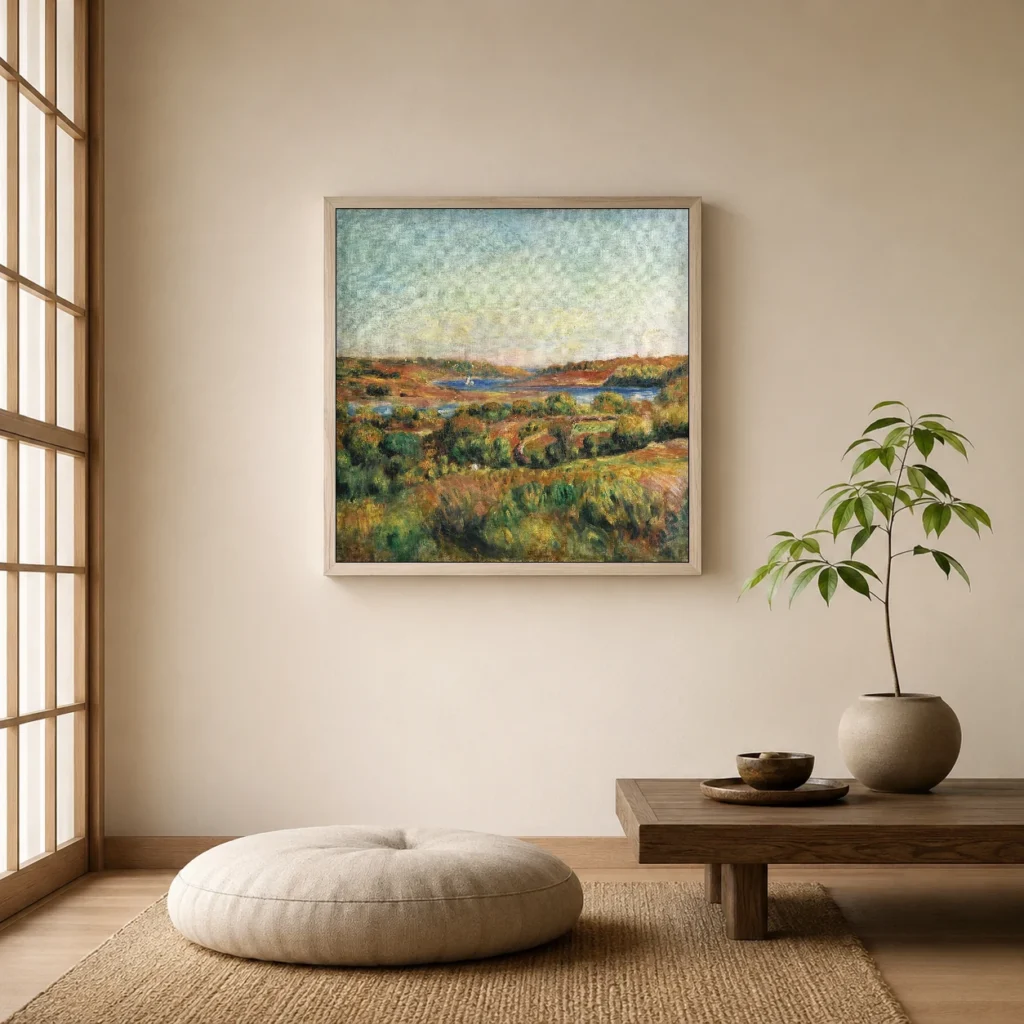 Framed print of The Mouth of the Aven at Pont-Aven hanging on a wall in a furnished room