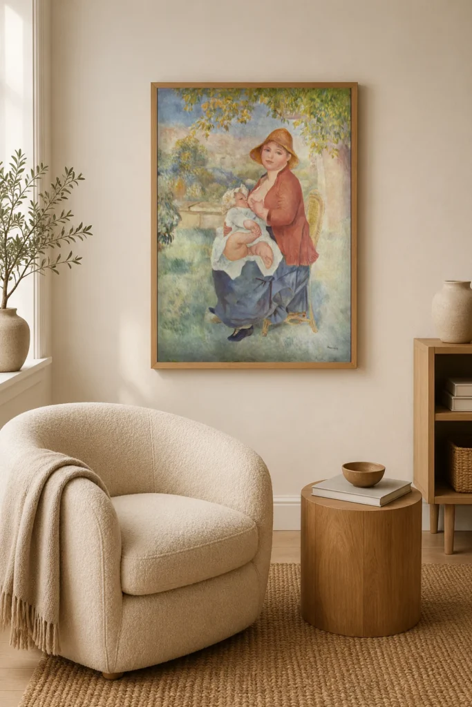 Framed print of Child at Breast (Maternity) hanging on a wall in a furnished room