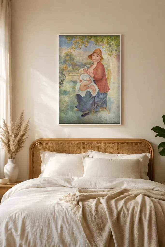 Framed print of Child at Breast (Maternity) hanging on a wall in a furnished room