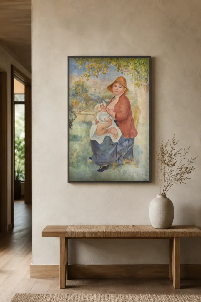 Framed print of Child at Breast (Maternity) hanging on a wall in a furnished room