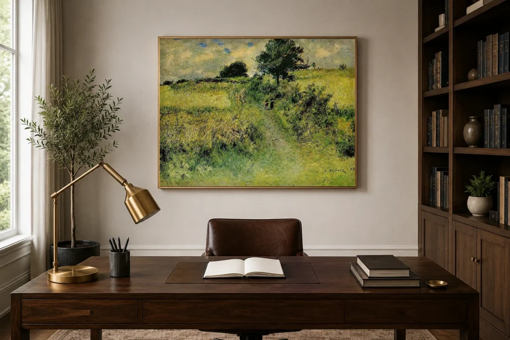 Framed print of The Watering Trough hanging on a wall in a furnished room