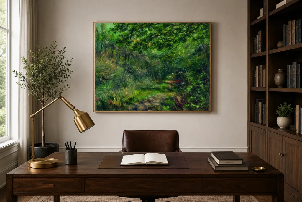 Framed print of The Woodland Path hanging on a wall in a furnished room