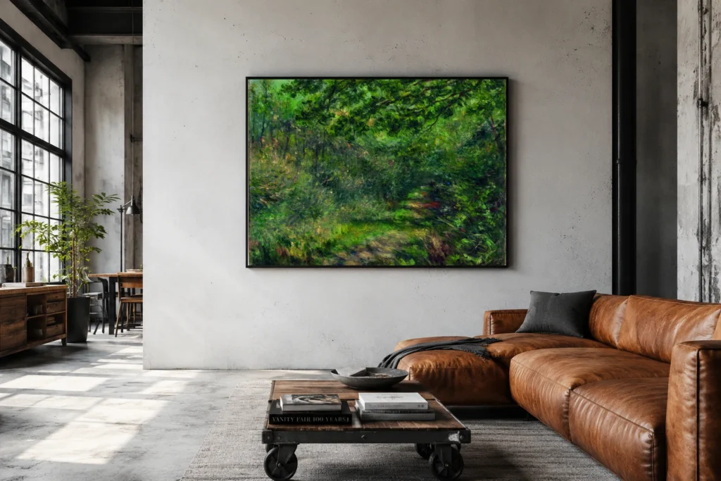 Framed print of The Woodland Path hanging on a wall in a furnished room