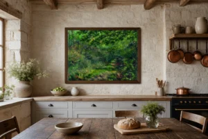 Framed print of The Woodland Path hanging on a wall in a furnished room