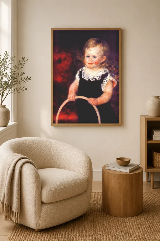 Framed print of Child with Hoop hanging on a wall in a furnished room
