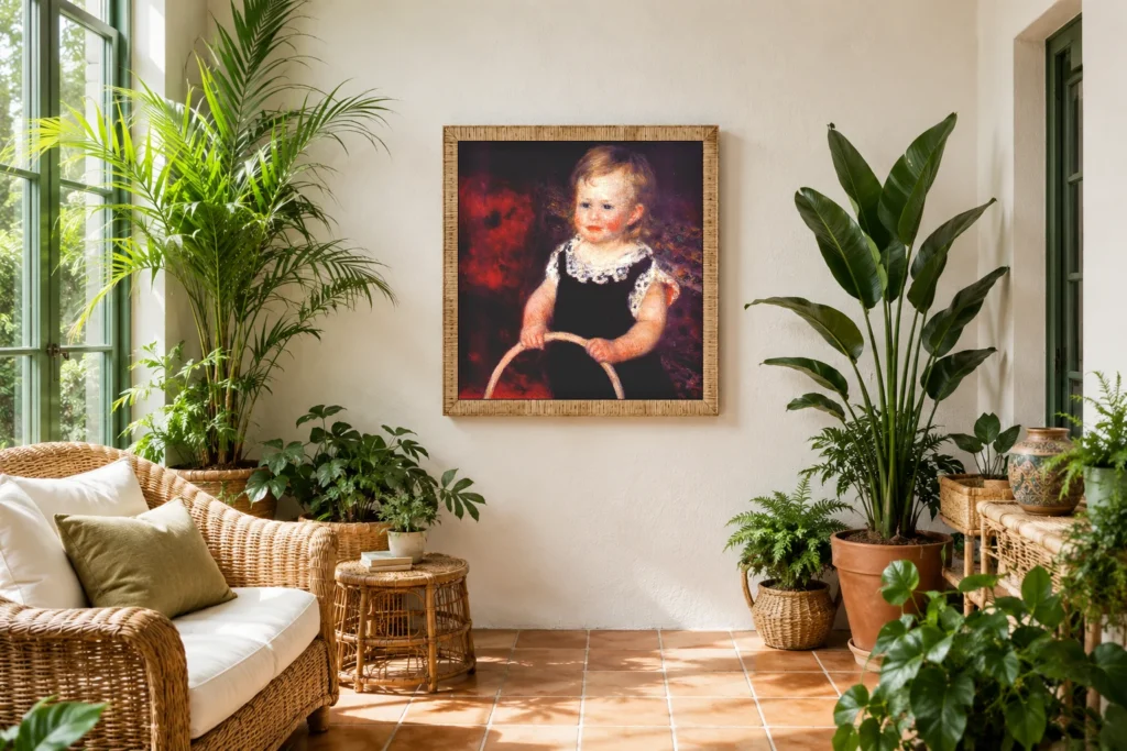 Framed print of Child with Hoop hanging on a wall in a furnished room