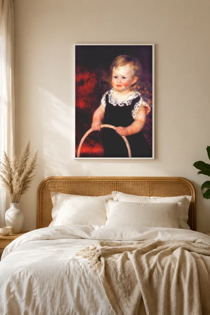 Framed print of Child with Hoop hanging on a wall in a furnished room