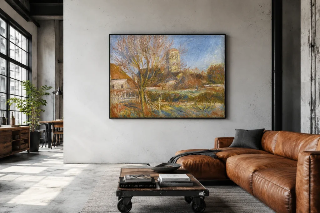 Framed print of The Church at Essoyes hanging on a wall in a furnished room