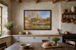 Framed print of The Church at Essoyes hanging on a wall in a furnished room
