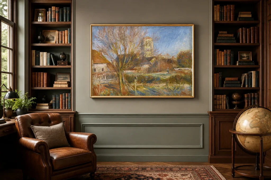 Framed print of The Church at Essoyes hanging on a wall in a furnished room