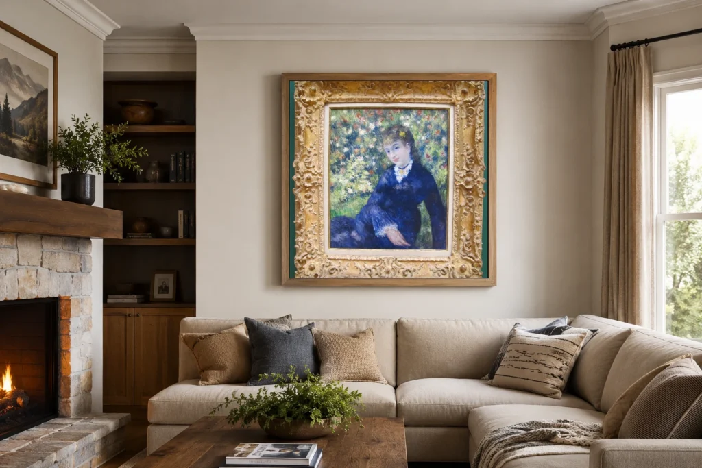 Framed print of Summer hanging on a wall in a furnished room