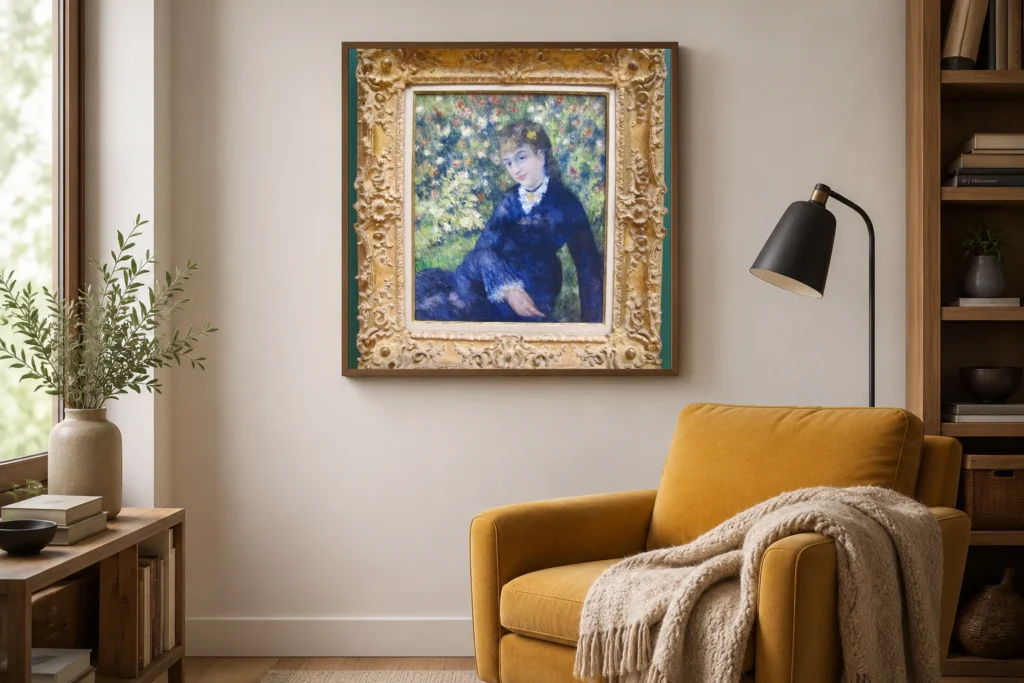 Framed print of Summer hanging on a wall in a furnished room