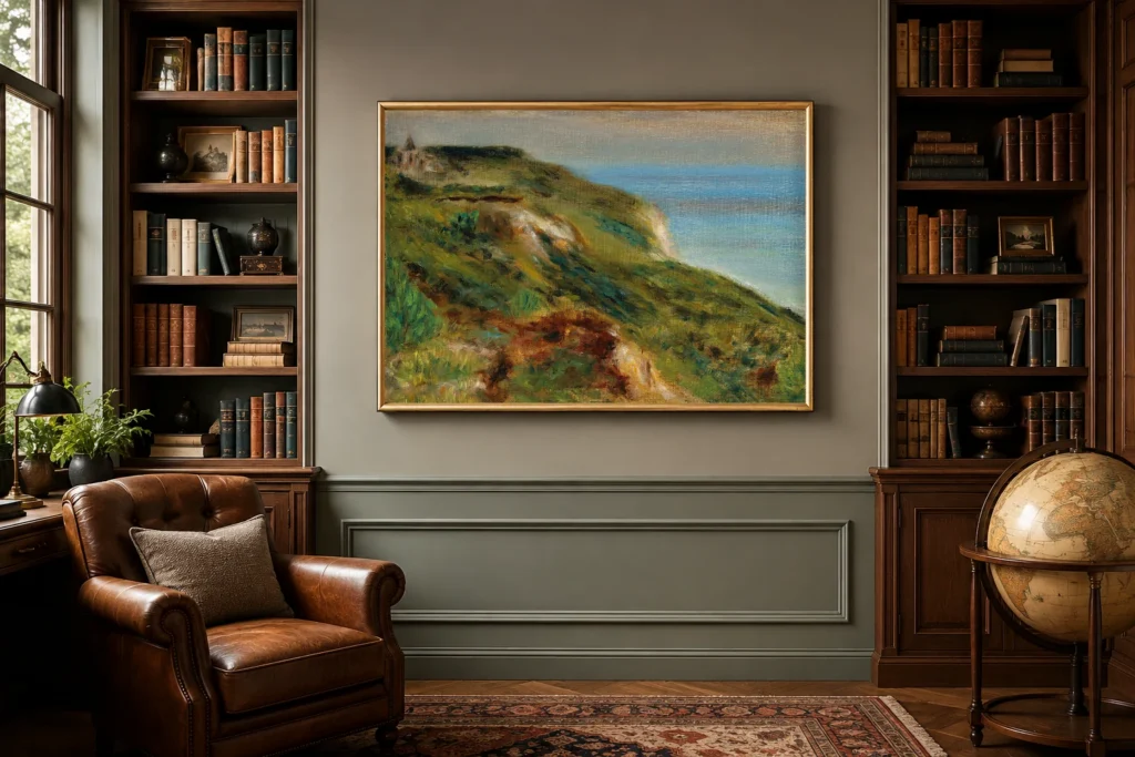 Framed print of The Church of Varangeville and the Cliffs hanging on a wall in a furnished room