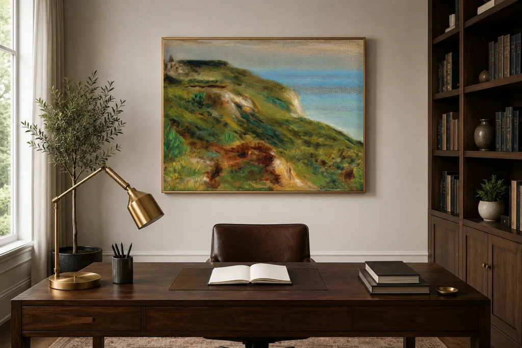 Framed print of The Church of Varangeville and the Cliffs hanging on a wall in a furnished room