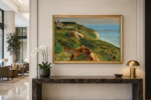 Framed print of The Church of Varangeville and the Cliffs hanging on a wall in a furnished room