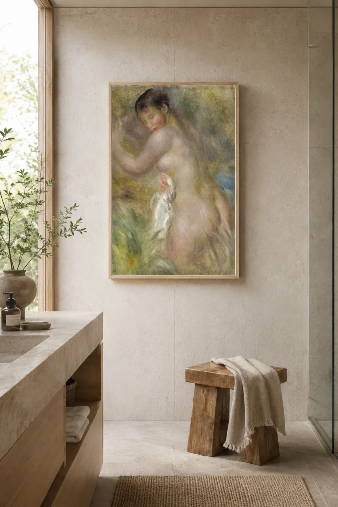 Framed print of The Bather hanging on a wall in a furnished room