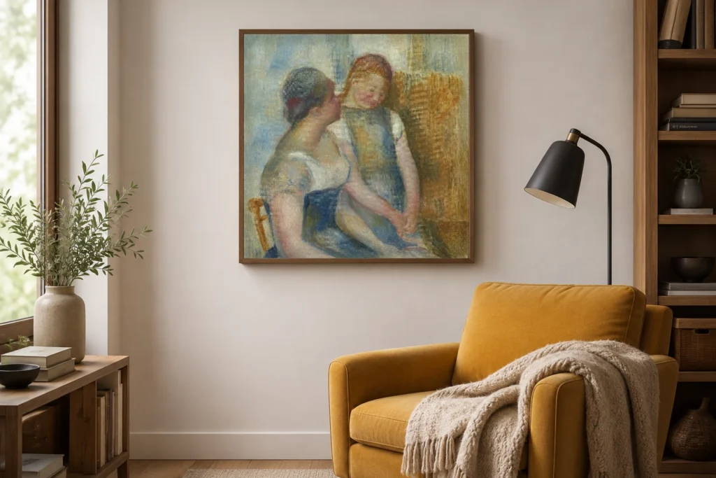 Framed print of The Conversation, Two Women Seated hanging on a wall in a furnished room