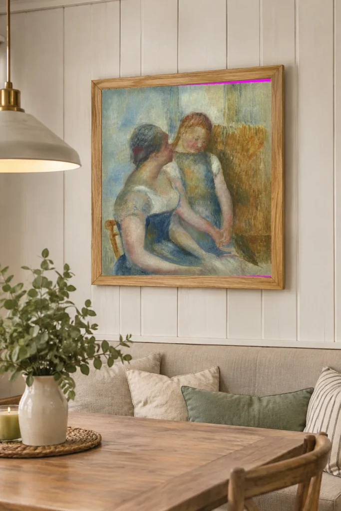 Framed print of The Conversation, Two Women Seated hanging on a wall in a furnished room