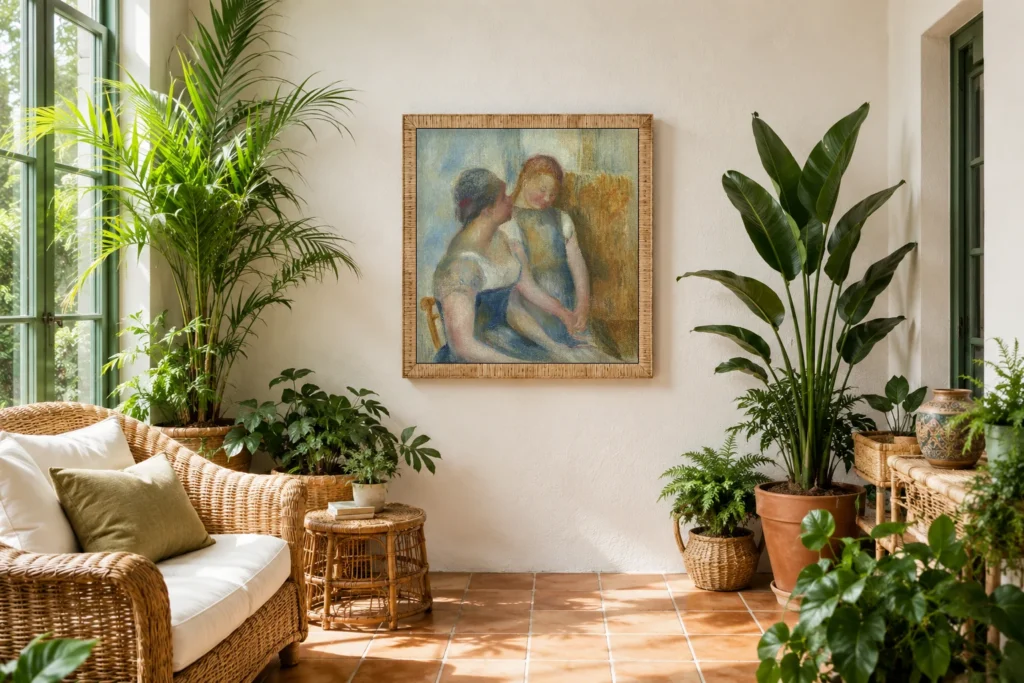 Framed print of The Conversation, Two Women Seated hanging on a wall in a furnished room