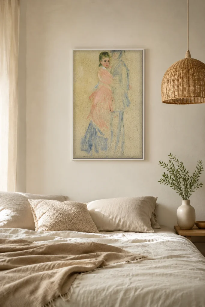 Framed print of LA DANSE, ÉTUDE POUR LE MOULIN DE LA GALETTE hanging on a wall in a furnished room