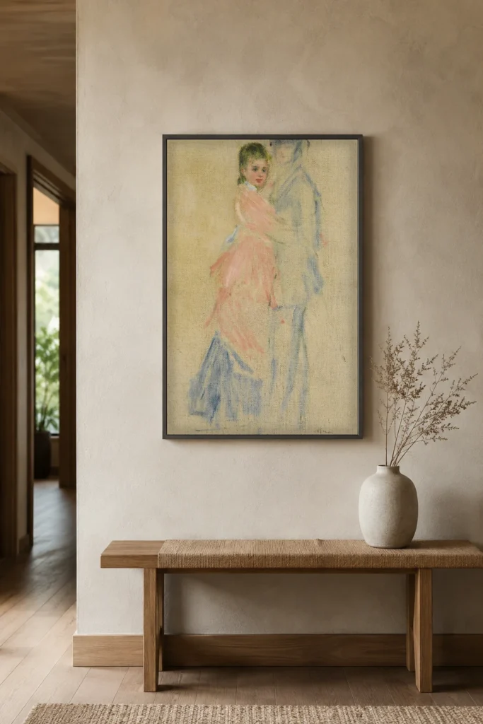 Framed print of LA DANSE, ÉTUDE POUR LE MOULIN DE LA GALETTE hanging on a wall in a furnished room