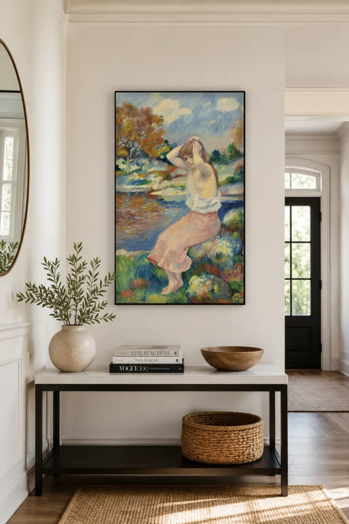 Framed print of The Toilette hanging on a wall in a furnished room