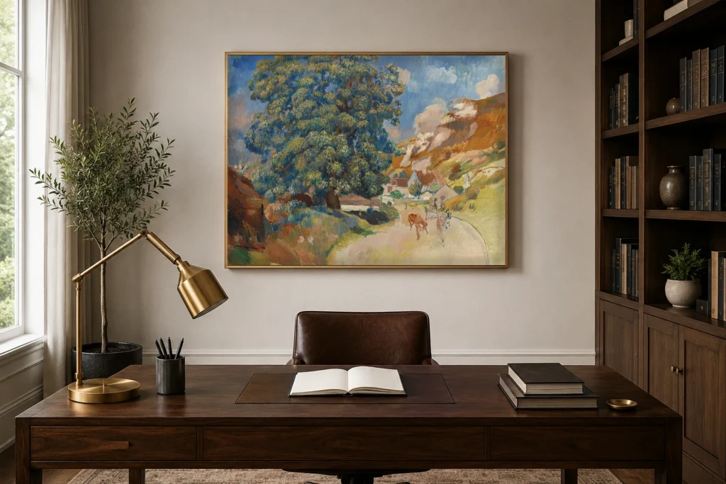 Framed print of The Big Tree by the Roadside hanging on a wall in a furnished room