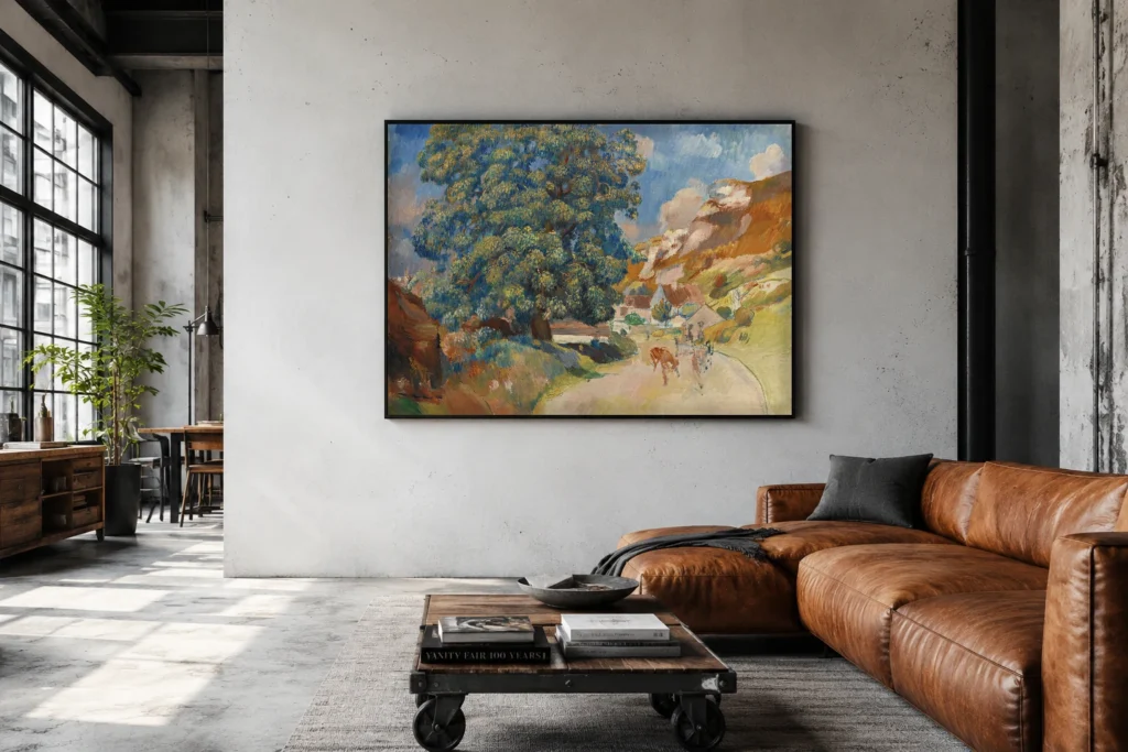 Framed print of The Big Tree by the Roadside hanging on a wall in a furnished room