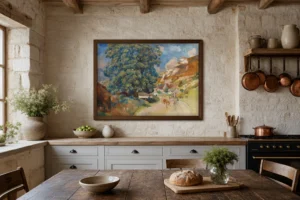 Framed print of The Big Tree by the Roadside hanging on a wall in a furnished room