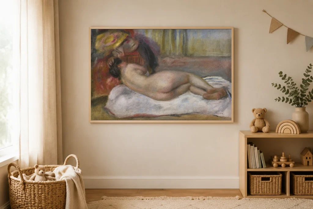 Framed print of The Rest hanging on a wall in a furnished room