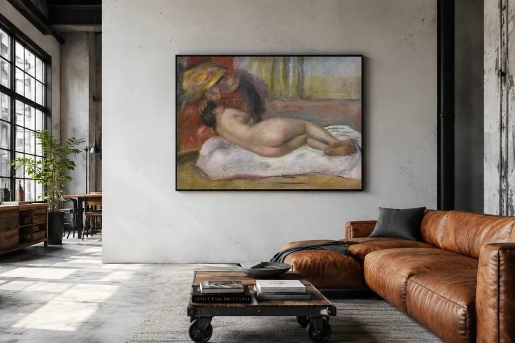 Framed print of The Rest hanging on a wall in a furnished room