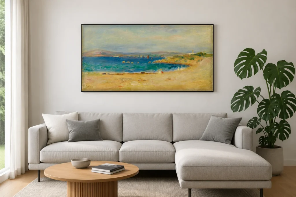 Framed print of The Banks of the Mediterranean hanging on a wall in a furnished room