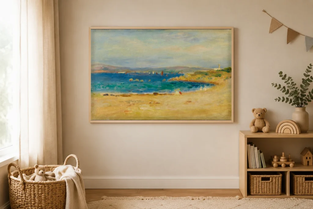 Framed print of The Banks of the Mediterranean hanging on a wall in a furnished room