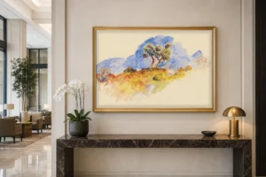Framed print of The Pine Trees hanging on a wall in a furnished room