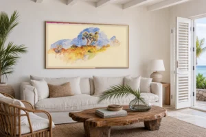 Framed print of The Pine Trees hanging on a wall in a furnished room