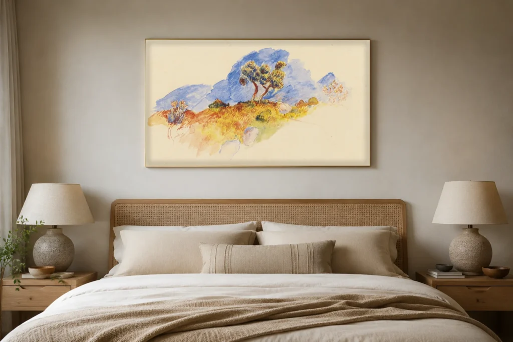 Framed print of The Pine Trees hanging on a wall in a furnished room