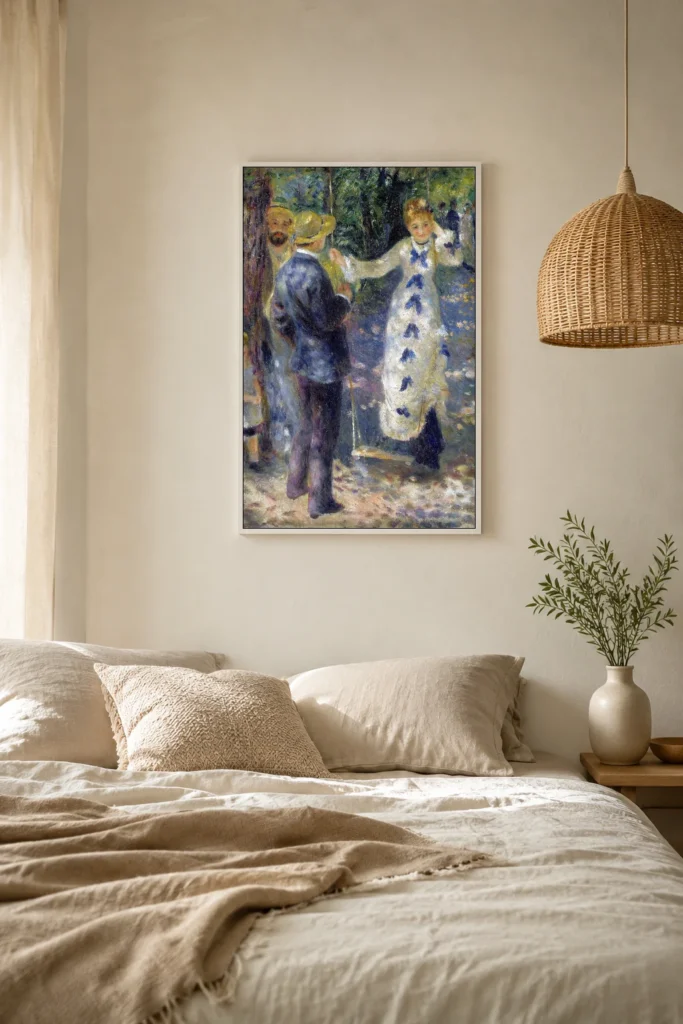 Framed print of La Balançoire hanging on a wall in a furnished room