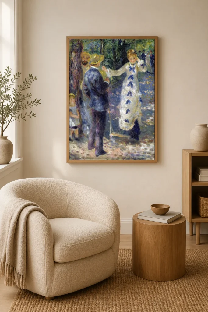 Framed print of La Balançoire hanging on a wall in a furnished room