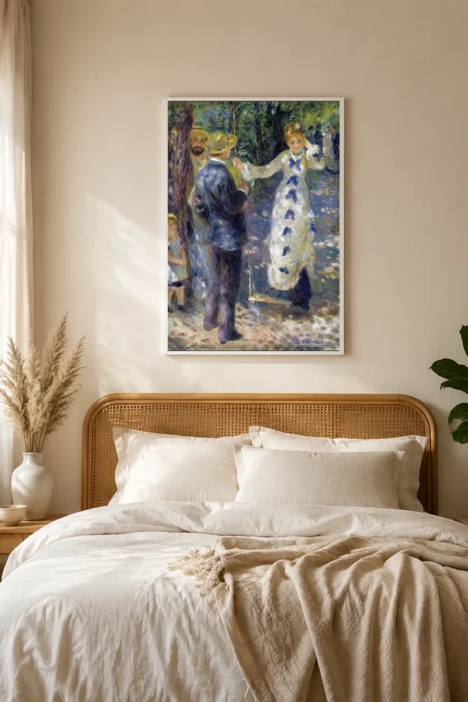 Framed print of La Balançoire hanging on a wall in a furnished room