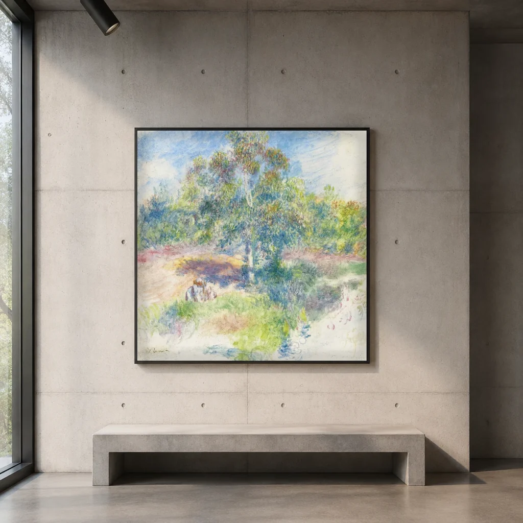 Framed print of The Glade hanging on a wall in a furnished room
