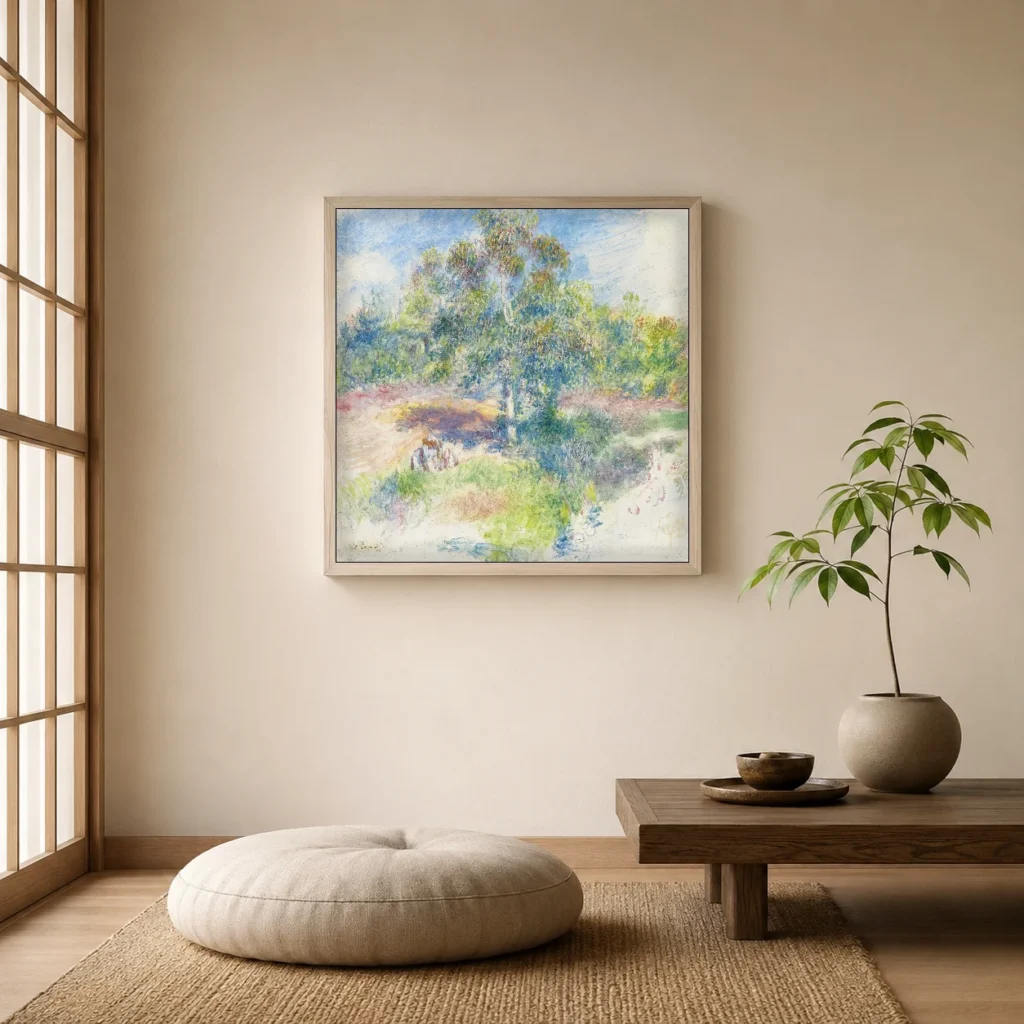 Framed print of The Glade hanging on a wall in a furnished room