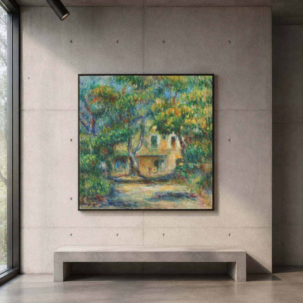 Framed print of La Ferme des Collettes hanging on a wall in a furnished room