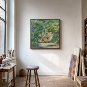 Framed print of La Ferme des Collettes hanging on a wall in a furnished room