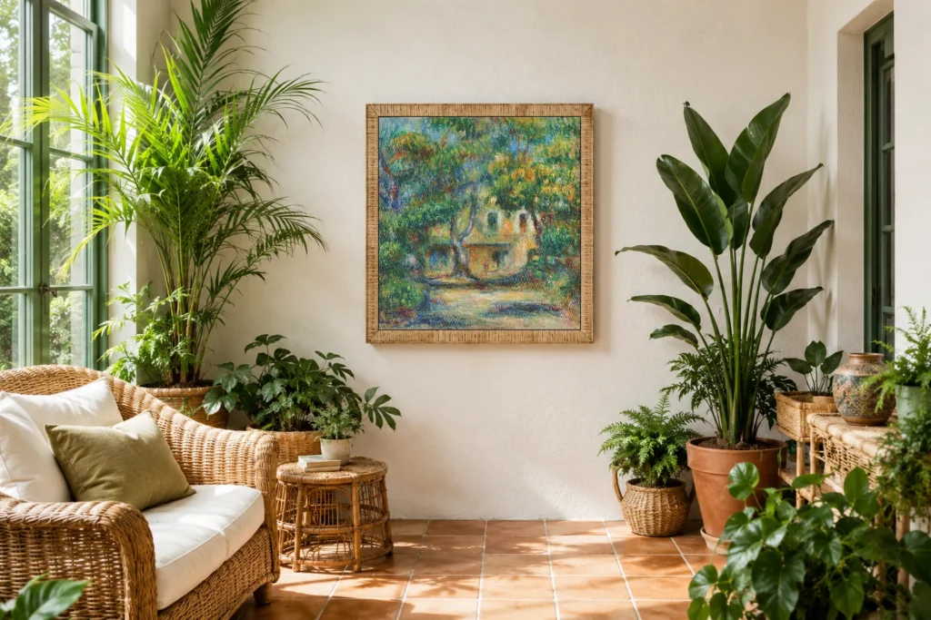 Framed print of La Ferme des Collettes hanging on a wall in a furnished room