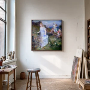 Framed print of The Feast of Pan hanging on a wall in a furnished room