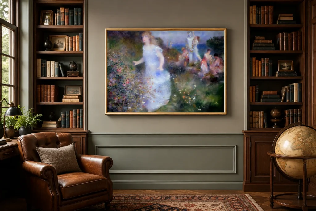 Framed print of The Feast of Pan hanging on a wall in a furnished room