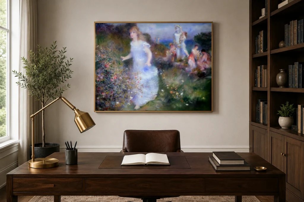 Framed print of The Feast of Pan hanging on a wall in a furnished room